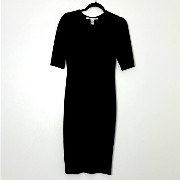 Diane Von Furstenberg Black V- Neck Midi Sheath Dress w/ Front Center Slit Sz 2 - Picture 1 of 8